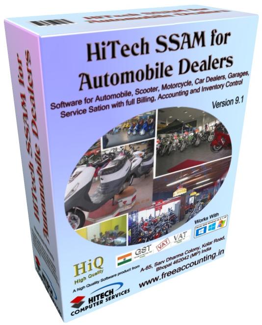 Software for Two Wheeler Dealers , automobile, Vehicle, auto dealers accounting software, Garage, Auto Dealer Software, Car Dealership Software, Accounting Software), Automobile Software, Billing, Inventory control Accounting Software, Software for automobile dealers, two wheelers dealers, service stations. Modules :Customers, Suppliers, Products, Automobiles, Sales, Purchase, Accounts & Utilities. Free Trial Download
